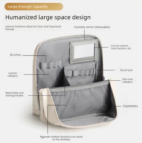 Beige Magnetic Compartmentalized Standing Cosmetic Bag – Large Capacity with Mirror, Travel Makeup Organizer (26×10×26 cm)