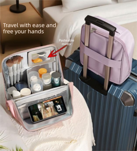 Black Magnetic Compartmentalized Standing Cosmetic Bag – Large Capacity with Mirror, Travel Makeup Organizer (26×10×26 cm)