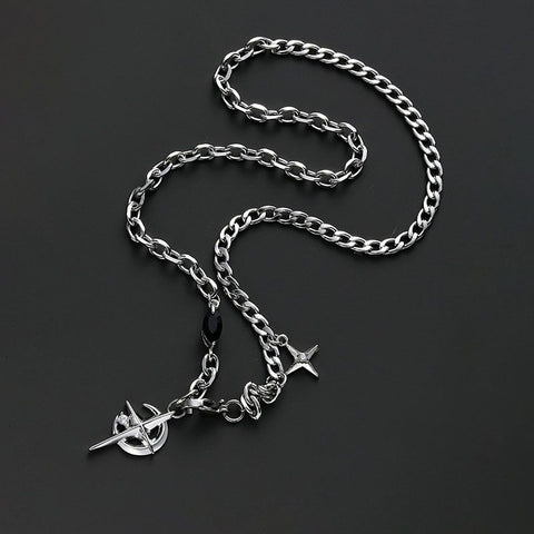 Silver Hip-hop style titanium steel black gemstone spliced star cross necklace, unisex trendy streetwear design collarbone chain