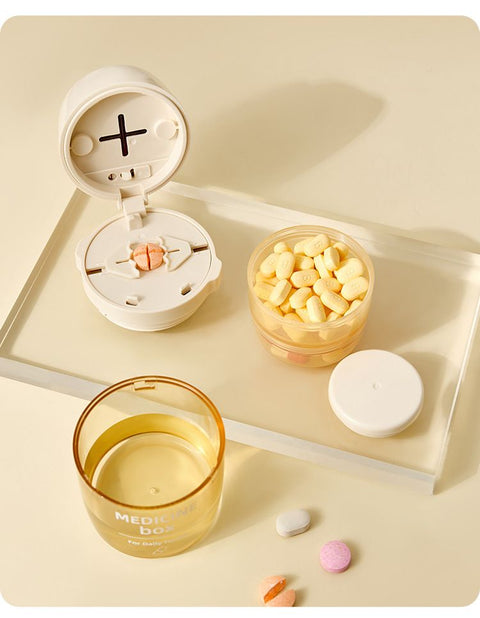 Beige 3-in-1 Pill Cutter, Crusher & Organizer Box with Built-in Water Cup - Portable Medicine Storage Container with Precision Quarter/Half Splitter
