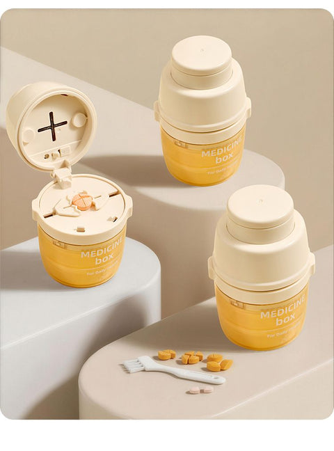 Beige 3-in-1 Pill Cutter, Crusher & Organizer Box with Built-in Water Cup - Portable Medicine Storage Container with Precision Quarter/Half Splitter