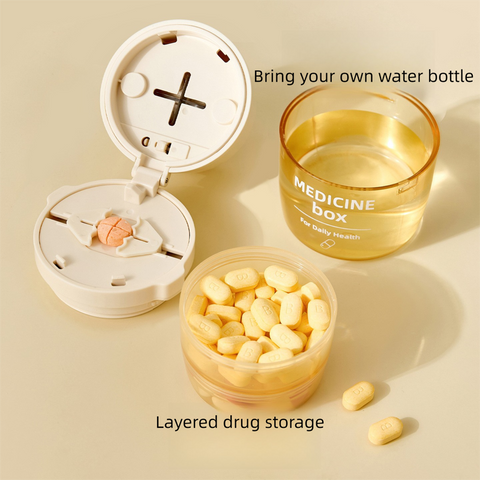 2 Pcs Beige 3-in-1 Pill Cutter, Crusher & Organizer Box with Built-in Water Cup - Portable Medicine Storage Container with Precision Quarter/Half Splitter