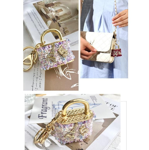 Beige Sparkling Rhinestone Lock Keychain - 3D Mini Handbag Charm with Alloy & Canvas Detail, Perfect Gift for Her