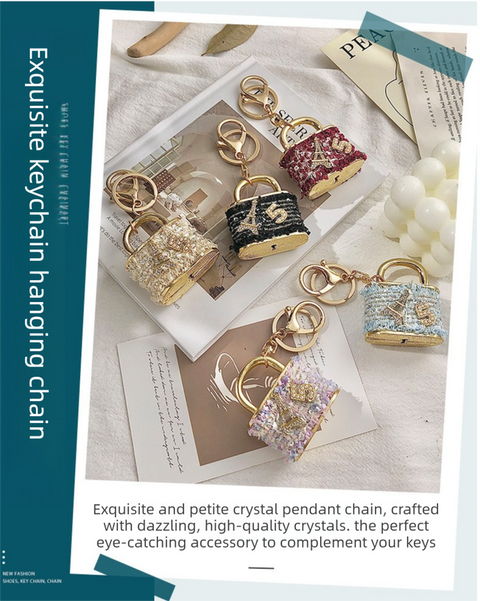 Blue Sparkling Rhinestone Lock Keychain - 3D Mini Handbag Charm with Alloy & Canvas Detail, Perfect Gift for Her