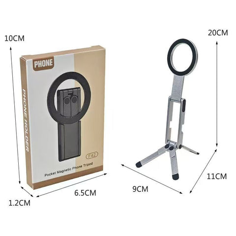 Silver Alloy Pocket Magnetic Phone Stand with Desktop Tripod – Multi-Function Foldable Design for Portable Selfie Stick & Hands-Free Shooting – Ideal for Travel, Vlogging, and Daily Use