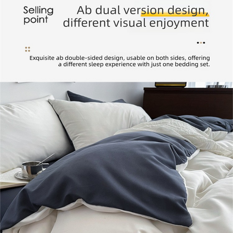 Hazy Blue Washed Cotton Bedding Set - Solid Color Fitted Sheet Style, 4-Piece Set for 1.8m Bed, Includes 10 Random Color Quilt Fasteners