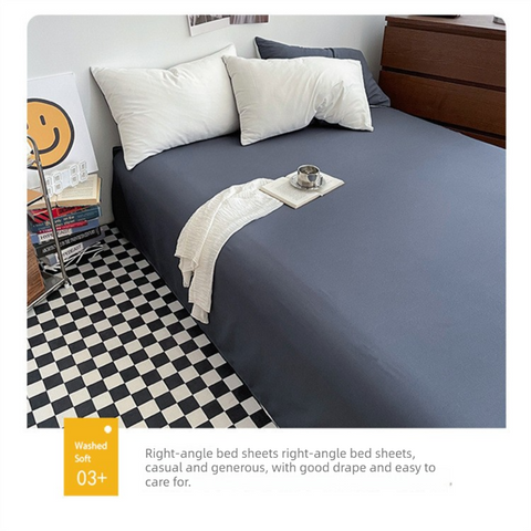 Hazy Blue Washed Cotton Bedding Set - Solid Color Fitted Sheet Style, 4-Piece Set for 1.8m Bed, Includes 10 Random Color Quilt Fasteners