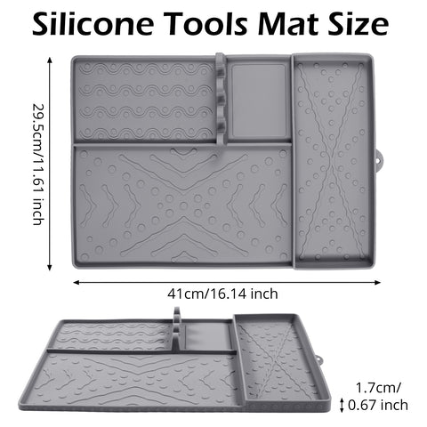Grey Heavy-Duty Silicone Griddle Tool Mat Integrated Tool & Bottle Slots - Non-Stick BBQ Tool Draining Grease Mat and Seasoning Station