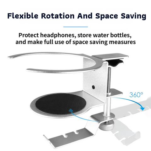2-in-1 Under-Desk Metal Headphone Hanger &  Anti-Spill Cup Holder - No-Drill Heavy-Duty Desk Adjustable Clamp and 360° Swivel Hook