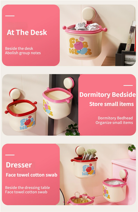 Cream Red Cute Suction Cup Wall-Mounted Trash Bin with Bag Press Ring and Wide Opening - Multifunctional Organizer & Waste Basket for Office Living Room And Bedroom