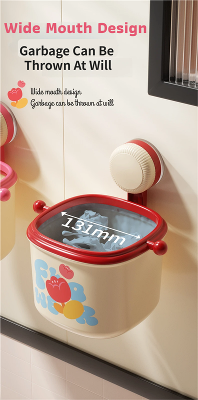 2-Pack Cream Red & Cream Powder Cute Suction Cup Wall-Mounted Trash Bin with Bag Press Ring and Wide Opening - Multifunctional Organizer & Waste Basket for Office Living Room And Bedroom