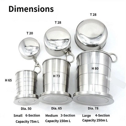 250ML Silver Stainless Steel 4-Section Telescopic Travel Cup with Keychain & Dust-Proof Lid for Outdoor Hiking and Camping