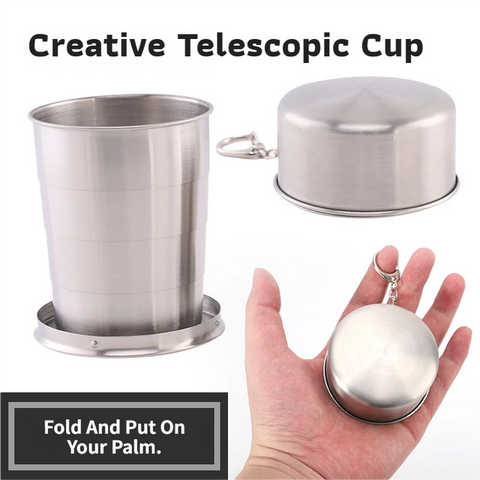 250ML Silver Stainless Steel 4-Section Telescopic Travel Cup with Keychain & Dust-Proof Lid for Outdoor Hiking and Camping