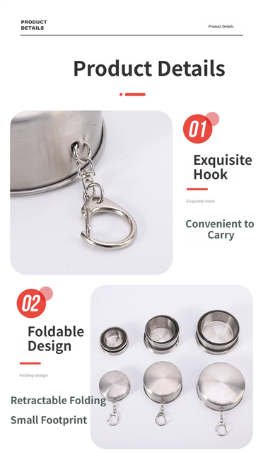 250ML Silver Stainless Steel 4-Section Telescopic Travel Cup with Keychain & Dust-Proof Lid for Outdoor Hiking and Camping
