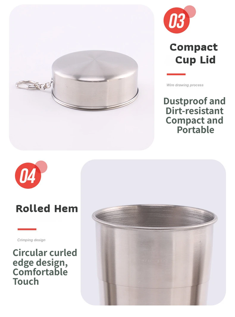 75ML Silver Stainless Steel 6-Section Telescopic Travel Cup with Keychain & Dust-Proof Lid for Outdoor Hiking and Camping