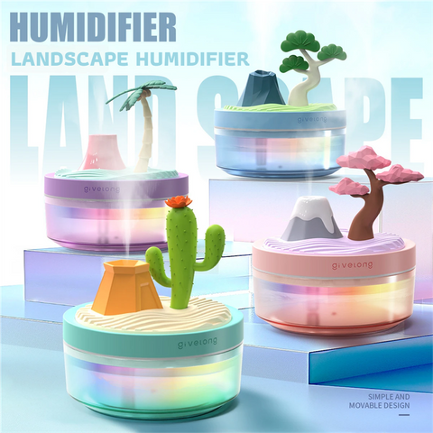 Coconut Tree Purple USB Portable Bionic Landscape Humidifier and Creative Potted Plant Air Diffuser - 7-Color Night Light & 2-Mode Mist Timer