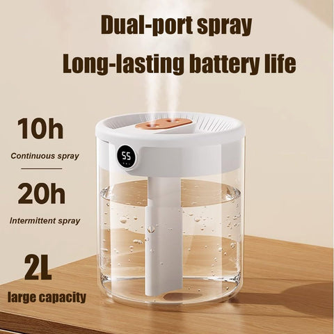 Pink 2L Dual-Spray Ultrasonic Humidifier and Air Diffuser with Night Light - USB Powered, Quiet Operation, Smart Digital Display & Real-Time Humidity Sensor