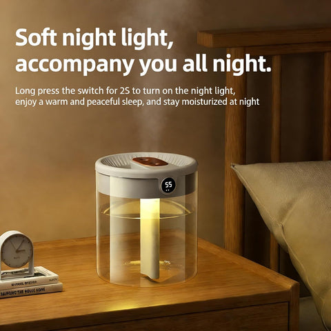 Pink 2L Dual-Spray Ultrasonic Humidifier and Air Diffuser with Night Light - USB Powered, Quiet Operation, Smart Digital Display & Real-Time Humidity Sensor