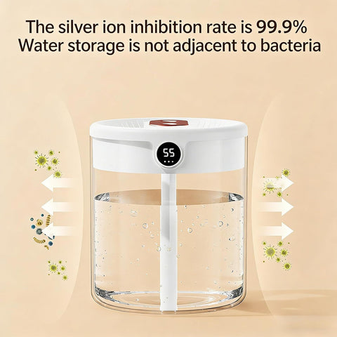 Pink 2L Dual-Spray Ultrasonic Humidifier and Air Diffuser with Night Light - USB Powered, Quiet Operation, Smart Digital Display & Real-Time Humidity Sensor