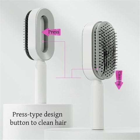 White 3D Airbag Massage Self Cleaning Hair Brush with Base - for Long Hair - One-Click Easy Hair Removal - Scalp Soothing Detangler for Professional Home Hair Care
