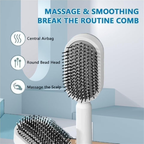 Black and Purple 3D Airbag Massage Self Cleaning Hair Brush with Base - for Long Hair - One-Click Easy Hair Removal - Scalp Soothing Detangler for Professional Home Hair Care