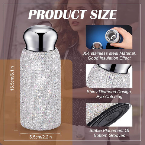 Green Square Crystal Handmade Luxury Diamond Insulated Water Bottle – Bling Rhinestone 304 Stainless Steel Pocket Mug (260ml)