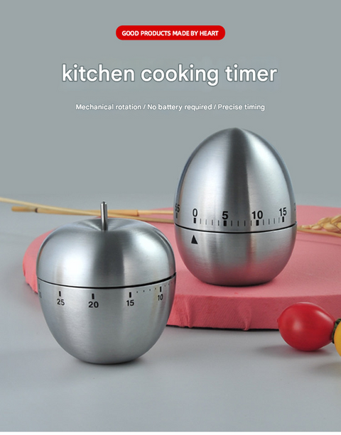 Apple Shape Stainless Steel Kitchen Timer Mechanical Cooking Timer -  Wind-Up 60 Minute Countdown Timer - Loud Ring 72dB Baking Tool with Non-Slip Base - Battery-Free Analog Timer for Home Office
