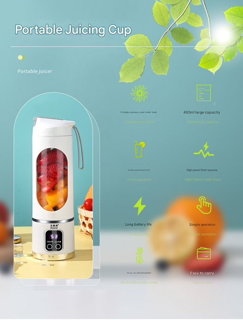 White 7.4V Portable Blender Smoothie Maker 450ml Wireless Rechargeable Juicer Cup with 12-Blade Stainless Steel Cutter, LED Digital Display, USB Charging Personal Blender for Travel Gym Office Home