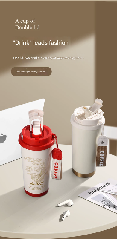 White 316 Stainless Steel Insulated Coffee Tumbler 500ml  with Dual-Use Lid, Lily of the Valley Design, Leak-Proof Sip and Straw, BPA-Free Thermal Cup for Hot Cold Beverages