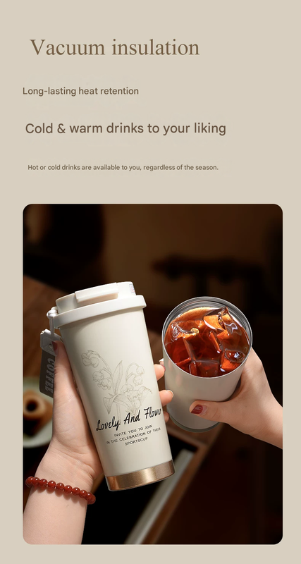 Black 316 Stainless Steel Insulated Coffee Tumbler 500ml  with Dual-Use Lid, Lily of the Valley Design, Leak-Proof Sip and Straw, BPA-Free Thermal Cup for Hot Cold Beverages
