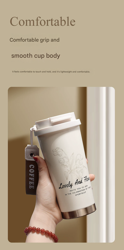 Black 316 Stainless Steel Insulated Coffee Tumbler 500ml  with Dual-Use Lid, Lily of the Valley Design, Leak-Proof Sip and Straw, BPA-Free Thermal Cup for Hot Cold Beverages