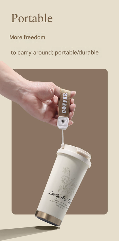 Black 316 Stainless Steel Insulated Coffee Tumbler 500ml  with Dual-Use Lid, Lily of the Valley Design, Leak-Proof Sip and Straw, BPA-Free Thermal Cup for Hot Cold Beverages
