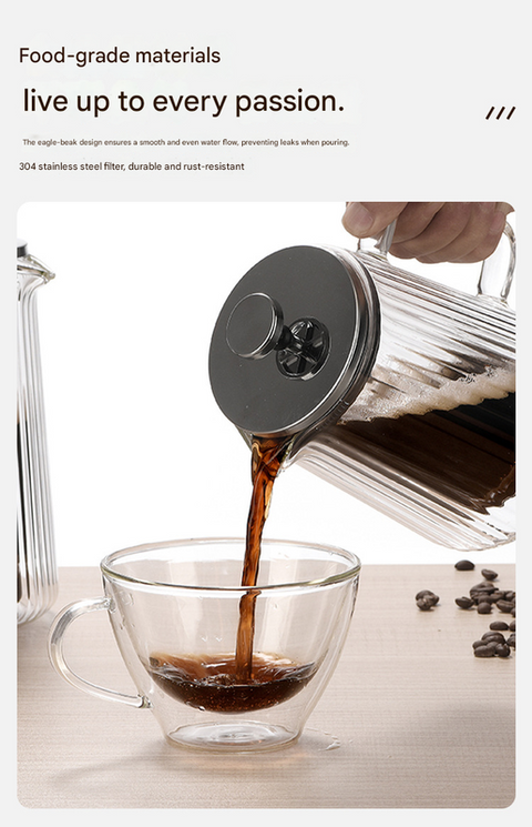 350ML Double Wall Glass French Press Coffee Maker - Borosilicate Glass Coffee Plunger with 304 Stainless Steel Filter, Heat Resistant Vertical Ribbed Design for Home Brewing