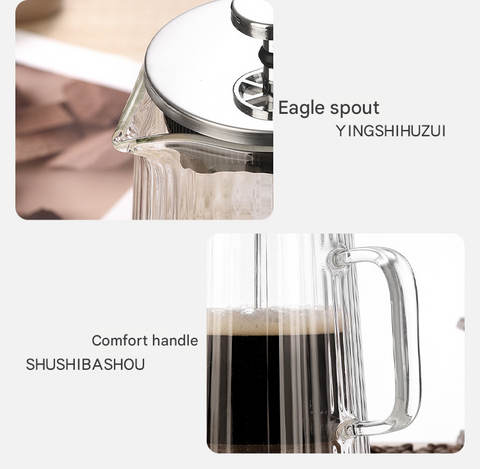 1000ML Double Wall Glass French Press Coffee Maker - Borosilicate Glass Coffee Plunger with 304 Stainless Steel Filter, Heat Resistant Vertical Ribbed Design for Home Brewing