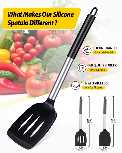 Grey 2-Piece Silicone Spatula Set Slotted Turner Solid Turner Stainless Steel Handle Heat Resistant Non-Stick Cookware Kitchen Utensils