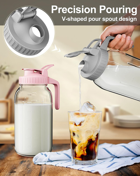 Green Glass Mason Jar Pitcher 32oz with Flip Lid Pour Spout Milk Jug Leak-Proof Airtight Seal Wide Mouth Beverage Container Cold Brew Coffee Iced Tea Juice Milk Dispenser Fridge Storage