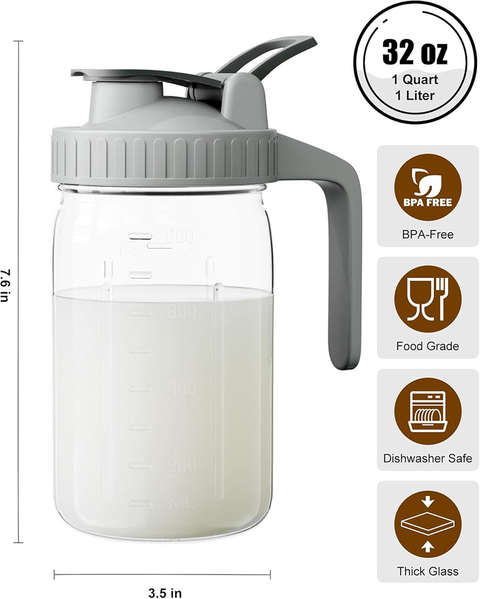 Purple Glass Mason Jar Pitcher 32oz with Flip Lid Pour Spout Milk Jug Leak-Proof Airtight Seal Wide Mouth Beverage Container Cold Brew Coffee Iced Tea Juice Milk Dispenser Fridge Storage