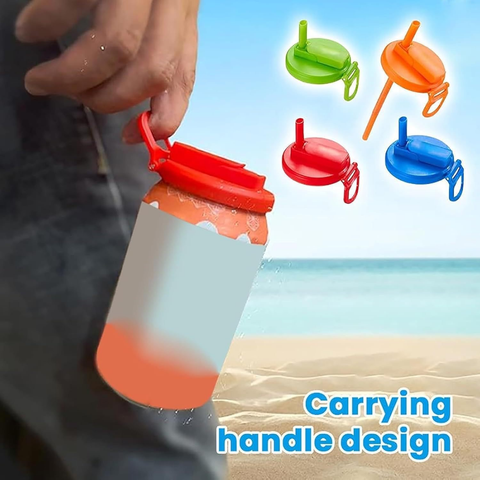 Grey Reusable Soda Can Lid with Straw and Carrying Handle - Spill-Proof Plastic Can Cover for Standard 2.13 Inch Cans, Portable Beverage Protector with Flip-Top Design, BPA-Free Drink Can Converter for Outdoor Parties BBQs Camping