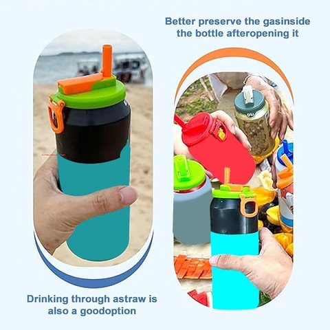 Grey Reusable Soda Can Lid with Straw and Carrying Handle - Spill-Proof Plastic Can Cover for Standard 2.13 Inch Cans, Portable Beverage Protector with Flip-Top Design, BPA-Free Drink Can Converter for Outdoor Parties BBQs Camping