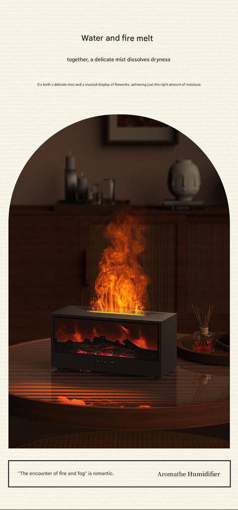 White casing 3D Flame Effect Aroma Diffuser and Humidifier - Desktop Fireplace Design with Realistic LED Fire, 7-Color Mood Lighting, and Silent Ultrasonic Mist - Ideal for Bedroom, Living Room, Office, and Yoga Spaces - Includes Timer and Auto Shut-Off