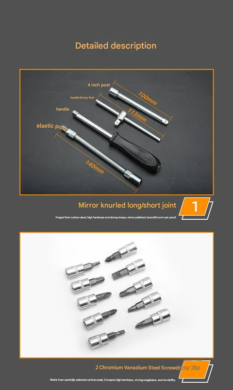 46-Piece Automotive Repair Tool Set - Carbon Steel Ratchet Wrench Socket Kit - 1/4 Inch Drive with Extension Bars, Universal Joint, and Multi-Bit Screwdriver Heads - Compact Storage Case for Car Maintenance, Machinery Repair, and DIY Projects