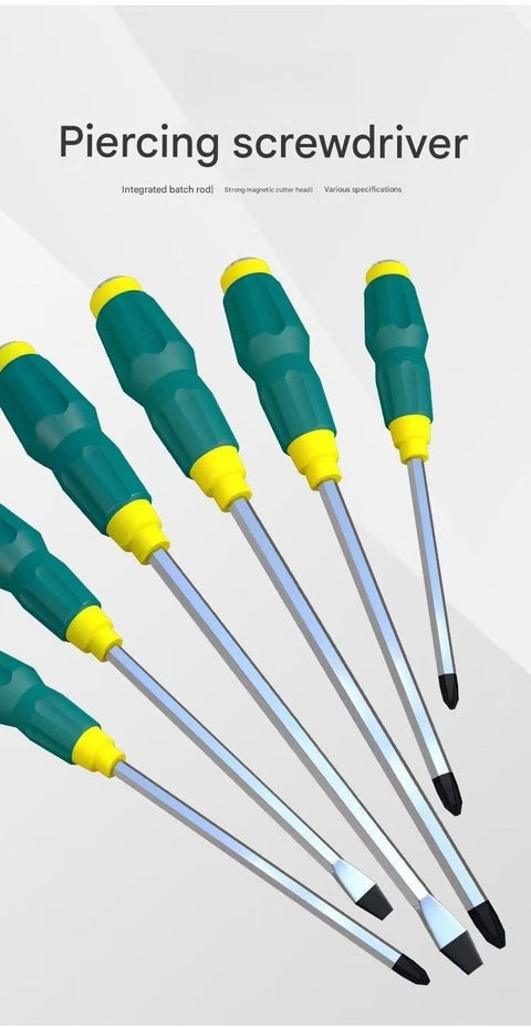 2-piece Green One 8-inch Phillips screwdriver and one 8-inch flathead screwdriver  Impact-Resistant Magnetic Screwdriver with Through-Tang Shaft — Chrome Vanadium Steel Bit, Ergonomic Non-Slip Handle — Ideal for Automotive Repair, Machinery Maintenance, F
