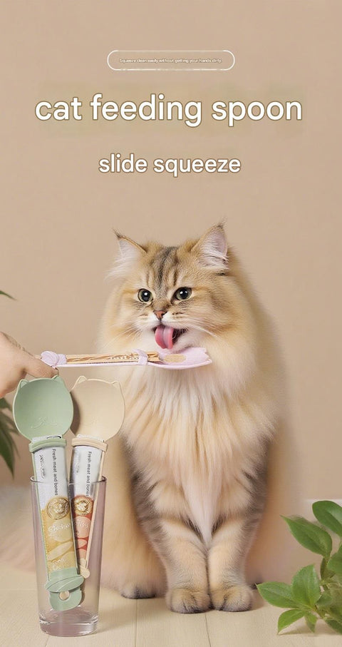 Purple Cat Treat Spoon for Wet Food & Paste - Extra-Long PP Handle, Food-Grade Squeeze Feeder with Anti-Spill Bowl, Easy One-Handed Operation for Cats