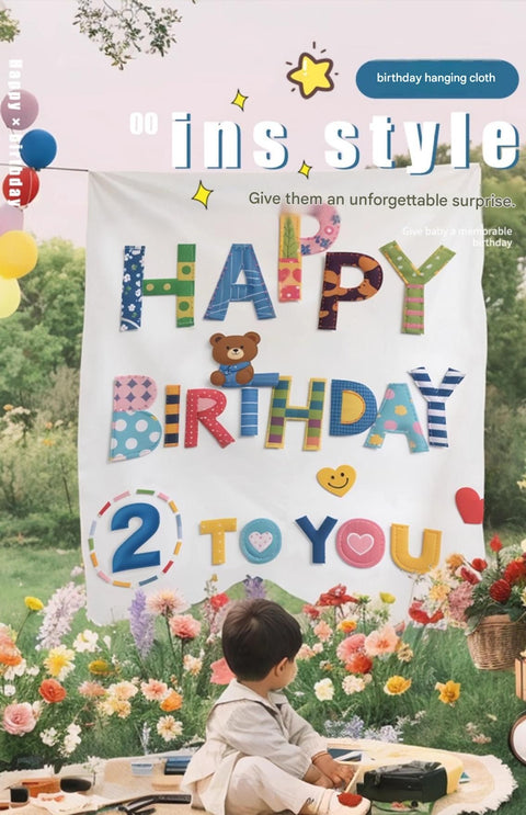 Blue Happy Birthday Backdrop Banner - Reusable Fabric Party Decoration with Colourful Lettering, Photo Background for Kids Birthday, Baby Shower & Celebration