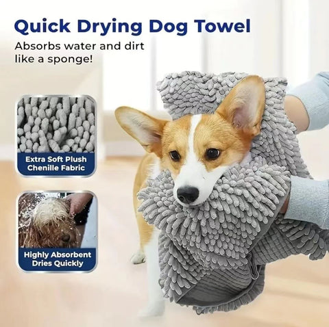 Yellow Chenille Pet Drying Towel with Dual Hand Pockets - Ultra Absorbent, Quick Dry, Soft Microfiber, Durable Stitching - for Dogs and Cats Bathing, Grooming, Travel