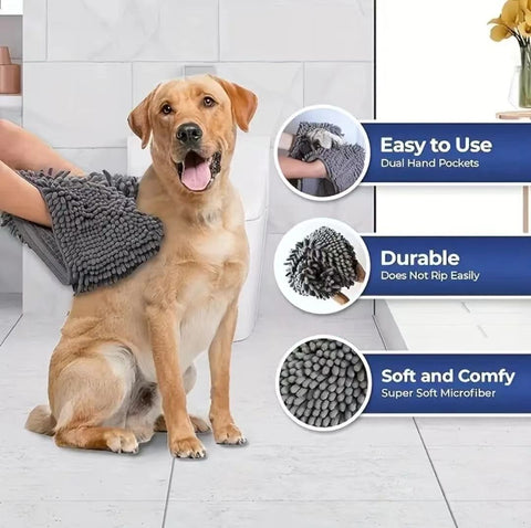 Yellow Chenille Pet Drying Towel with Dual Hand Pockets - Ultra Absorbent, Quick Dry, Soft Microfiber, Durable Stitching - for Dogs and Cats Bathing, Grooming, Travel