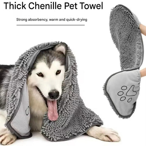 Blue Chenille Pet Drying Towel with Dual Hand Pockets - Ultra Absorbent, Quick Dry, Soft Microfiber, Durable Stitching - for Dogs and Cats Bathing, Grooming, Travel