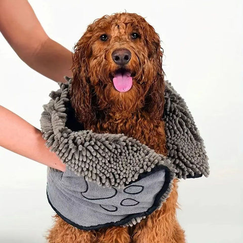 Blue Chenille Pet Drying Towel with Dual Hand Pockets - Ultra Absorbent, Quick Dry, Soft Microfiber, Durable Stitching - for Dogs and Cats Bathing, Grooming, Travel