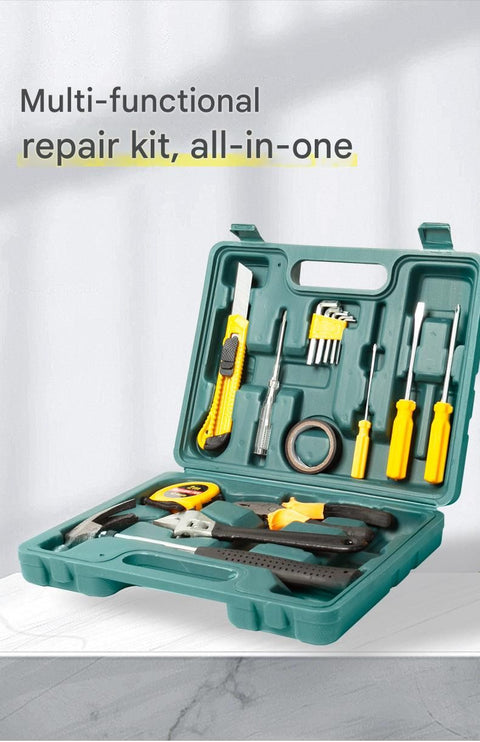 Green 12 Piece Set -Multi-Purpose Home & Car Tool Kit -  Durable Blow-Molded Case, Utility Knife, Tape Measure, Pliers, Hammer, Screwdrivers, Allen Keys - Compact Emergency Repair Set for DIY and Auto Maintenance