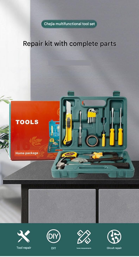 Green 9 Piece Set -Multi-Purpose Home & Car Tool Kit -  Durable Blow-Molded Case, Utility Knife, Tape Measure, Pliers, Hammer, Screwdrivers, Allen Keys - Compact Emergency Repair Set for DIY and Auto Maintenance